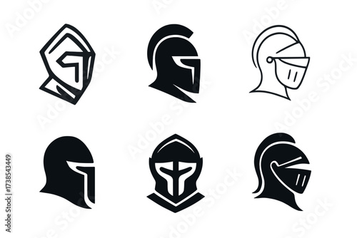 Knight Helmet Variations. historical fiction. Set Logo of historical fiction: knight helmet. harmonious logo variations of the same emblematic concept, each