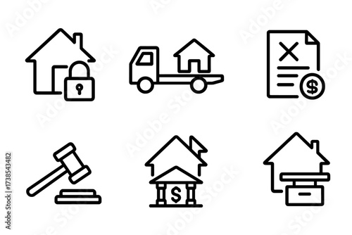 Foreclosure Icon Set. Outline icon set of foreclosure and repossession: locked house, repo truck, eviction notice, legal papers, auction hammer, lost property,