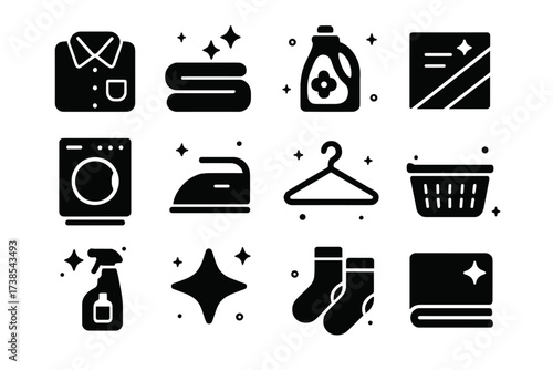 Fresh Laundry Icons. Fresh laundry. Solid icons set of fresh laundry: folded shirt, clean towel, fabric softener, detergent box, dryer, iron, hanger, basket,