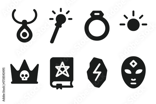 Magical Artifacts Icons. Solid, filled icon set of magical artifacts of power: enchanted amulet, glowing staff, ancient ring, orb of power, cursed crown,