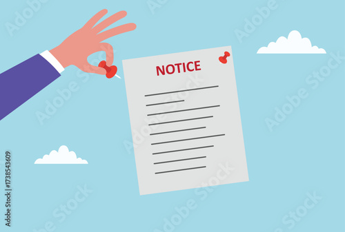 Vector illustration of a hand pinning a notice on a board, symbolizing announcement, important information, communication, updates, and official notification
