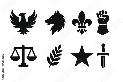 Symbolic Crest Icons. Solid, filled icon set of symbolic crests: phoenix, wolf, fleur-de-lis, knight?s gauntlet, scales of justice, laurel branch, star, sword