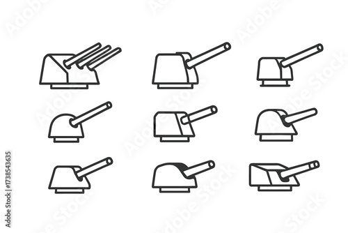 Naval Gun Icons. Outline icon set of naval gun historical models: battleship gun, cruiser gun, destroyer cannon, frigate gun, patrol boat gun, WWII naval gun,