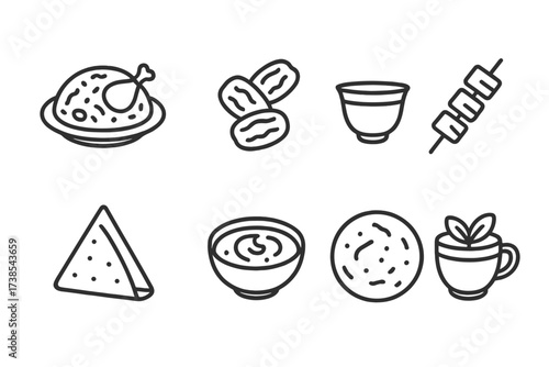 Saudi Cuisine Icons. Outline icon set of Saudi cuisine: Kabsa, Dates, Arabic coffee cup, Lamb skewers, Samboosa, Hummus, Bread, Mint tea. Line icons in only