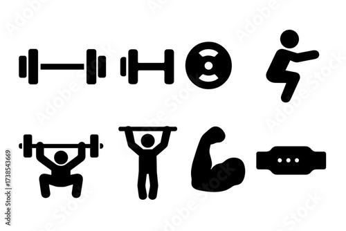 Strength Training Icons. Solid, filled icon set of strength training: barbell, dumbbell, weight plate, squat pose, bench press, pull-up bar, muscle arm,