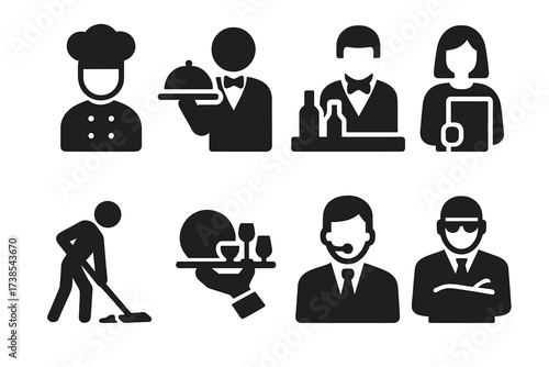 Buffet Staff Icons. Solid, filled icon set of buffet staff roles: chef, waiter, bartender, hostess, cleaner, busser, event manager, security. Solid, filled
