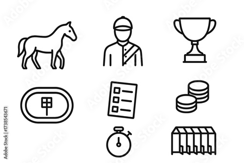 Equestrian Race Icons. Outline icon set of equestrian race day: racehorse, jockey, race track, trophy cup, betting slip, coins, stopwatch, starting gate. Line