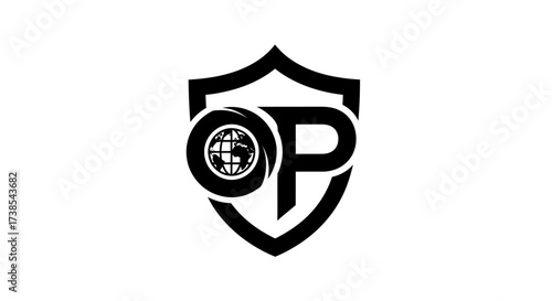 Sophisticated global security company logo design with shield and world icon providing complete