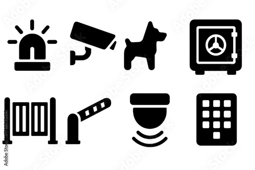 Security Icon Set. Solid, filled icon set of agency security: alarm, camera, guard dog, safe, gate, barrier, motion sensor, keypad. [Line icons in only black
