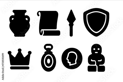 Ancient Artifacts Icons. Solid, filled icon set of ancient artifacts: clay pot, scroll, spear, shield, crown, amulet, coin, idol statue. Solid, filled icons in