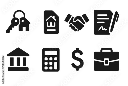 Property Settlement Icons. Solid, filled icon set of property settlement: house keys, deed document, handshake, contract, bank building, calculator, dollar