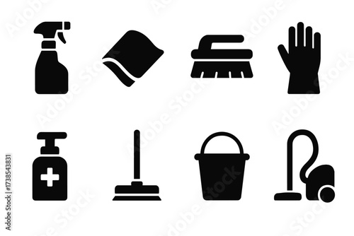 Cleaning Tools Icons. Solid, filled icon set of bar shelf cleaning: cleaning spray, cloth, brush, gloves, sanitizer bottle, mop, bucket, vacuum cleaner. Solid,