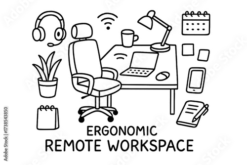 Ergonomic Workspace Essentials. Hand-drawn doodle illustration ergonomic remote workspace office chair, desk, laptop, keyboard, mouse, desk lamp, plant, coffee
