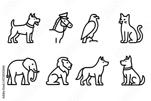 Guardian Animal Icons. Outline icon set of guardian animals: guard dog, police horse, falcon, cat, elephant, lion, wolf, watchdog. Line icons in only black