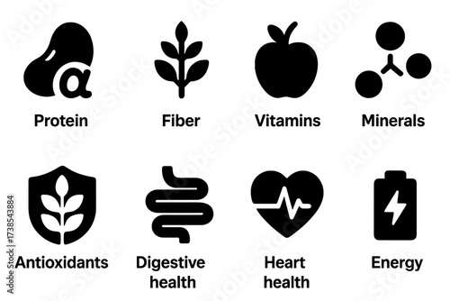 Pinto Bean Nutrition Icons. Solid, filled icon set of pinto bean nutrition: protein, fiber, vitamins, minerals, antioxidants, digestive health, heart health,
