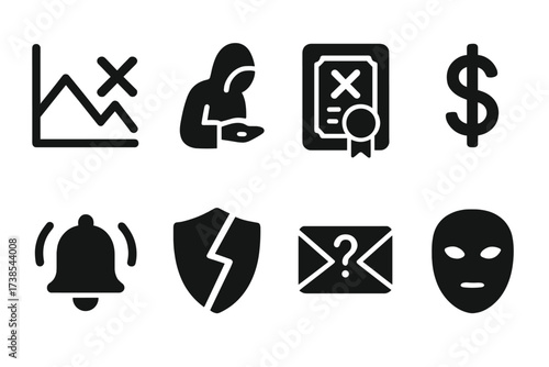 Investment Fraud Icons. Solid, filled icon set of investment fraud: fake stock chart, scammer hand, fake certificate, crossed dollar sign, alarm bell, broken