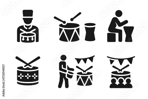 Drum Culture Icons. Solid, filled icon set of drumroll history and culture: marching band, drum corps, traditional drum, folk music, ceremonial drum, street