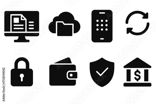 Digital Portfolio Icons. Solid, filled icon set of digital portfolio: computer screen, cloud storage, mobile app, data sync, encryption lock, digital wallet,