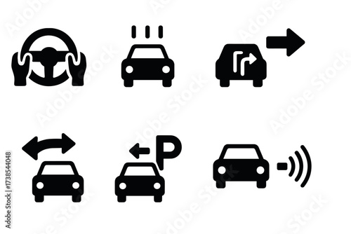 Driving Action Icons. Solid, filled icon set of driving actions: accelerating, braking, turning left, turning right, reversing, parking, lane changing,