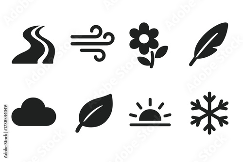 Grace in Nature Icons. Solid, filled icon set of grace in nature: flowing river, gentle breeze, blooming flower, floating feather, soft cloud, drifting leaf,