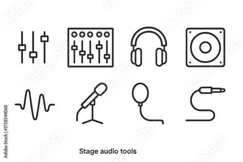 Stage and Light Icons. Outline icon set of stage audio tools: equalizer, audio mixer, headphone, speaker cone, sound wave, microphone stand, pop filter, audio
