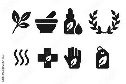 Herb Icons Grid. Solid, filled icon set of herb-related symbols: leaf sprig, mortar and pestle, droplet bottle, herbal wreath, scent lines, healing cross,
