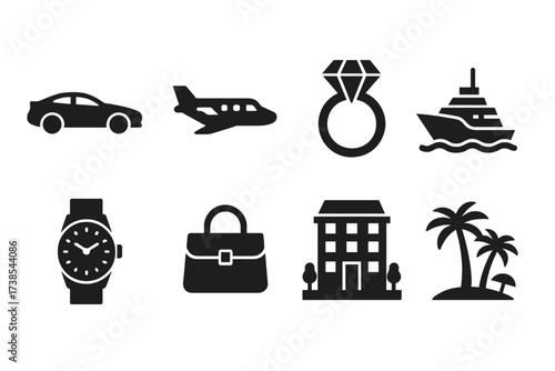 Luxury Asset Icons. Solid, filled icon set of luxury assets: sports car, private jet, diamond ring, yacht, luxury watch, designer bag, penthouse apartment,