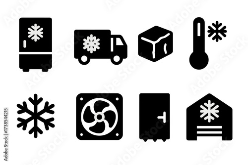 Cold Storage Icons. Solid, filled icon set of cold storage units: freezer, refrigerated truck, ice block, temperature gauge, snowflake, cooling fan, insulated