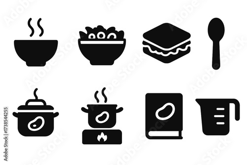 Canned Beans Icons. Solid, filled icon set of canned beans usage: soup bowl, salad bowl, sandwich, spoon, cooking pot, stove, recipe book, measuring cup. [Line