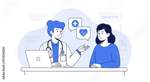 Doctor consulting with a concerned patient discussing medical health care and wellness during a consultation appointment