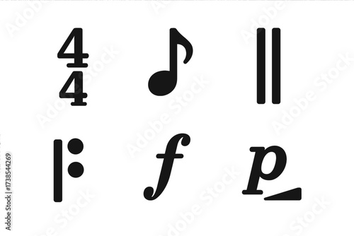 Music Notation Icons. Solid, filled icon set of tempo music notation: time signature, note values, rests, bar lines, repeat signs, dynamics, tempo markings,