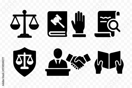 Legal Concepts Icons. Solid, filled icon set of legal concepts: justice, law, fairness, order, evidence, rights, testimony, legal ethics. [Solid, filled icons
