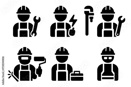 Repair Technician Icons. Solid, filled icon set of repair technicians: mechanic, electrician, plumber, carpenter, welder, painter, technician with toolbox,