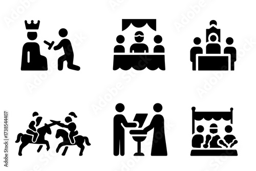 Noble Ceremonies Icons. Solid, filled icon set of noble ceremonies: coronation, knighthood, banquet, court session, tournament, oath, procession, feast. Solid,