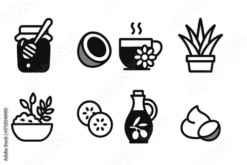 Natural Remedy Icons. Solid, filled icon set of windburn natural remedies: honey, coconut oil, chamomile tea, aloe vera gel, oatmeal, cucumber slices, olive