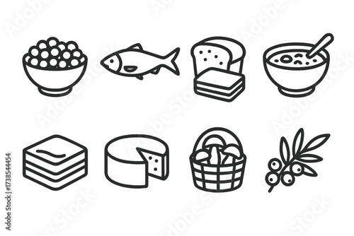 Latvian Food Icons Set. Outline icon set of Latvian food: grey peas, smoked fish, black bread, rye soup, honey cake, Latvian cheese, mushroom basket, sea
