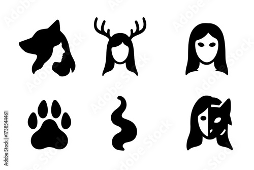 Shapeshifter Woman Icons. Solid, filled icon set of shapeshifter woman: wolf head, deer antlers, raven wings, glowing eyes, claw print, smoke trail, shifting