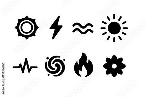 Vital Energy Icons Set. Solid, filled icon set of vital energy: chakra wheel, lightning bolt, breath wave, radiant aura, pulse line, spiral galaxy, flame