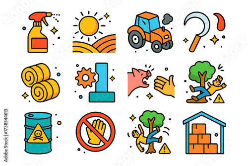 Agricultural Hazard Icons. Agricultural hazards. Colorful isometric vector icons set of agricultural hazards: pesticide spray, sun exposure, unsafe tractor,