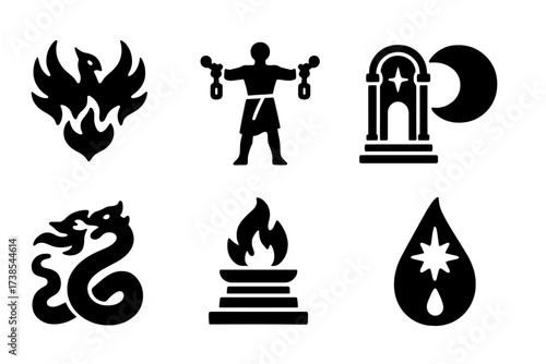 Mythic Sacrificial Icons. Solid, filled icon set of mythic sacrificial themes: burning phoenix, chained god, moon eclipse, celestial gate, cosmic altar, fire