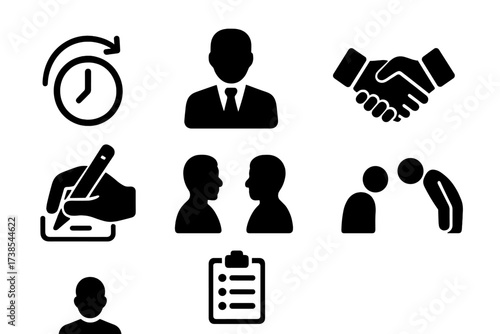 Meeting Etiquette Icons. Solid, filled icon set of meeting etiquette: punctuality, dress code, silence phone, handshake, note-taking, eye contact, agenda,