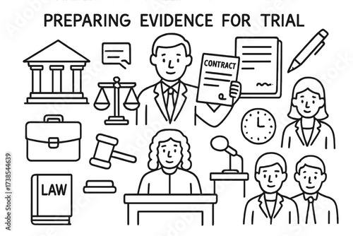 Legal Doodle Icons. Hand-drawn doodle illustration preparing evidence for trial legal documents, lawyer, notepad, pen, contract, courthouse, scales of justice,