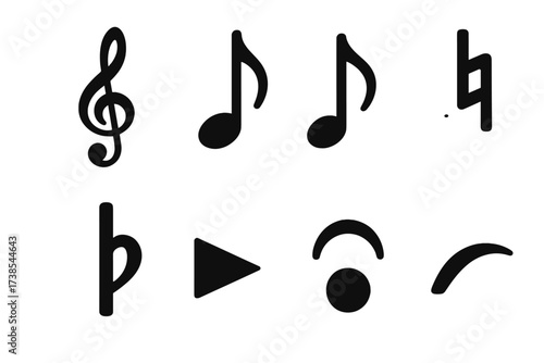 Violin Music Icon Set. Solid, filled icon set of violin music symbols: treble clef, quarter note, eighth note, sharp, flat, crescendo, fermata, slur. Solid,