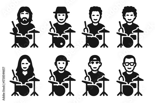 Iconic Drummers Grid. Solid, filled icon set of fill famous drummers: John Bonham, Neil Peart, Buddy Rich, Dave Weckl, Sheila E., Carter Beauford, Travis