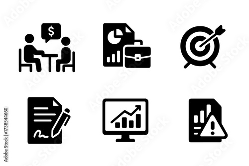 Financial Planner Icons. Solid, filled icon set of financial planner activities: client meeting, report analysis, portfolio review, goal setting, contract