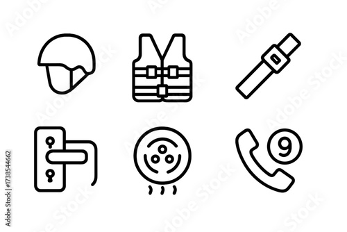 Safety Icons Set. Outline icon set of stepsiblings safety and care: helmet, life jacket, first aid kit, seatbelt, child lock, smoke detector, emergency phone,