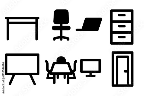 Empty Office Icons. Solid, filled icon set of empty office: empty desk, vacant chair, closed laptop, empty filing cabinet, blank whiteboard, empty conference