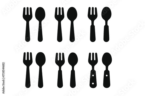 Cutlery Icon Set. Solid, filled icon set of cutlery materials: stainless steel, silver, plastic, bamboo, gold plated, titanium, ceramic handle, wood handle.