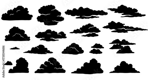 A collection of black silhouette clouds in various shapes and sizes, suitable for graphic design and illustration.