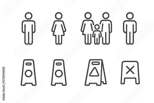 Restroom Icons Set. Outline icon set of restroom signs: men?s room, women?s room, family restroom, gender neutral, occupied, vacant, cleaning in progress, out